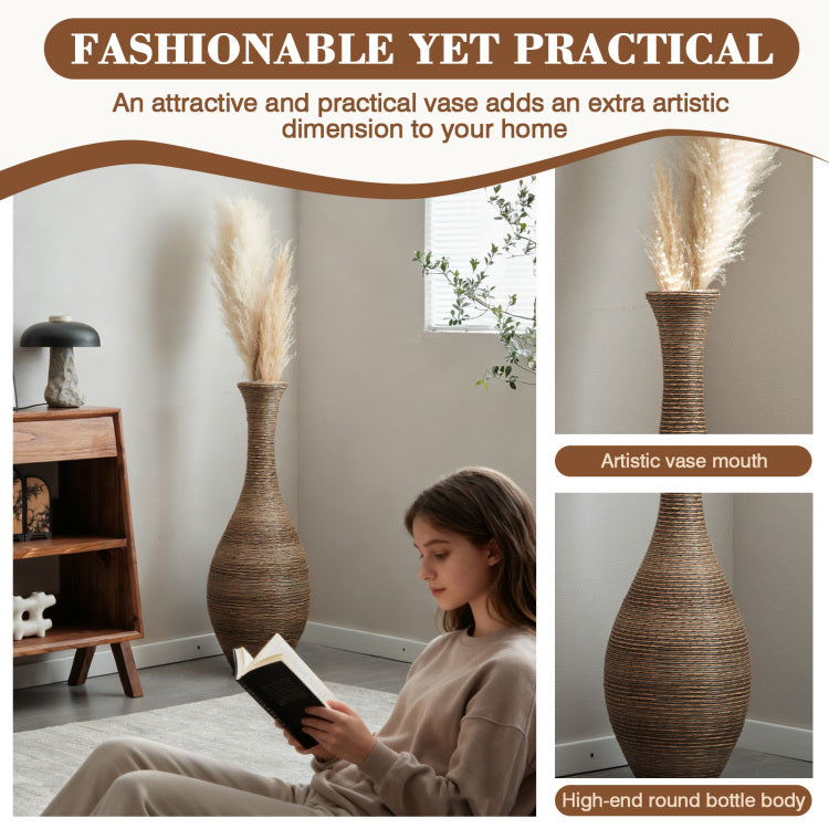 Hand Woven Pvc Rattan Floor Vase, 39.37 Inch Tall Decorative Vase For Home Decor, Beigegreytwo Tone Farmhouse Vase For Living Room, Bohemian & Coastal Style
