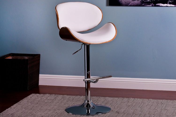 Modern Contemporary Swivel Walnut Bentwood Lift Adjustable Height Bar Stool With Curved Seat And Back White