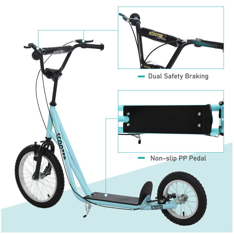 Aosom Youth Scooter, Teens Kick Scooter, Adjustable Handlebar Ride On Toy For 5 With 16" Front And 12" Rear Dual Brakes Inflatable Wheels, Blue