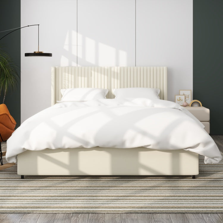 Anna Patented 2 Drawer Storage Bed Queen Size Ivory Velvet Upholstered Wingback Platform Bed, Modern Design Headboard With Tight Channel, Wooden Slat Mattress Support No Box Spring Needed