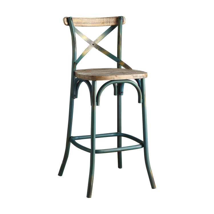 Antique Turquoise Finish Metal Frame Vintage Style Bar Chair 1Pc Wooden Seat Dining Furniture