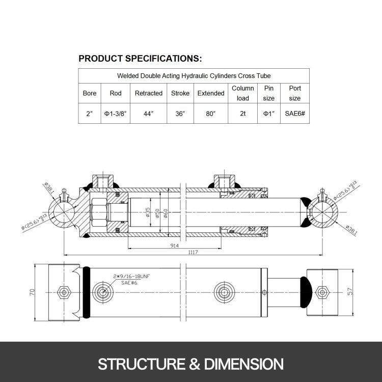 Hydraulic Cylinder 2" Bore 36" Stroke Hydraulic Ram Cylinder 3000Psi Hydraulic Cylinders Welded Double Acting Cross Tube Sae6 Port Hydraulic Lifting Cylinder 2 X 36