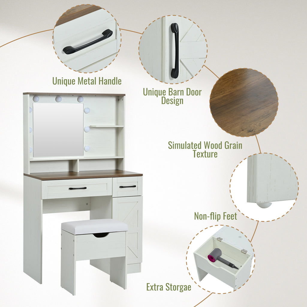 Farmhouse Makeup Vanity Desk With Mirror And Lights, 3 Lighting Modes, Vanity Set With Stool, Dressing Table With Adjustable Shelves,2 Drawers And Side Cabinet For Bedroom, White