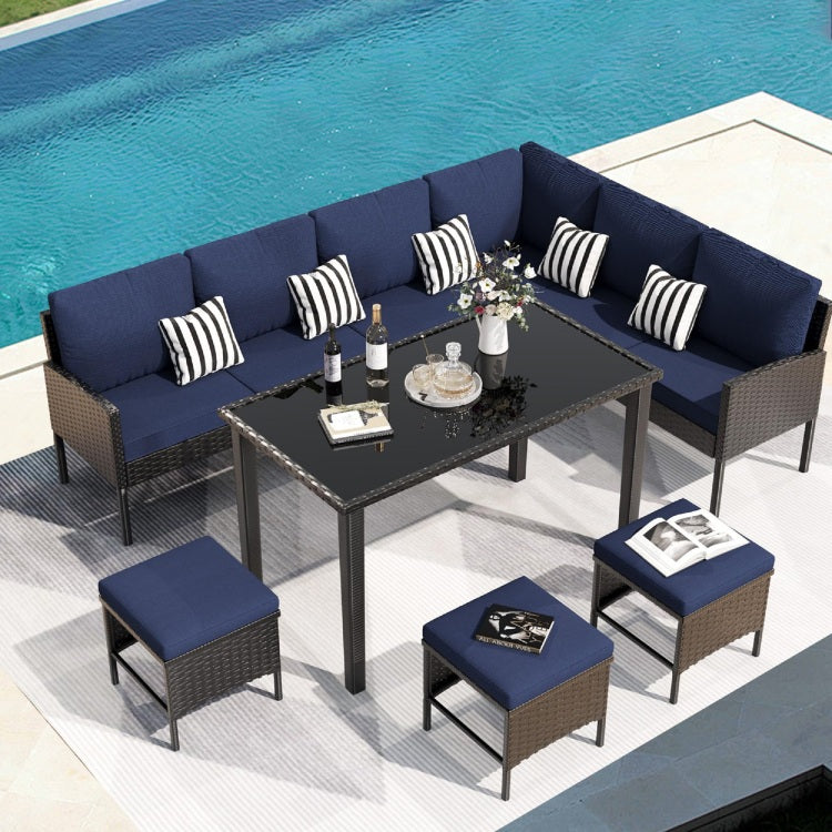 Small Space Patio Furniture 7 Piece Outdoor Furniture Set, Backyard Furniture Set, Waterproof Seat Cushion, Glass Table, Space Saving, Suitable For Backyard, Terrace Or Garden,Dark Blue