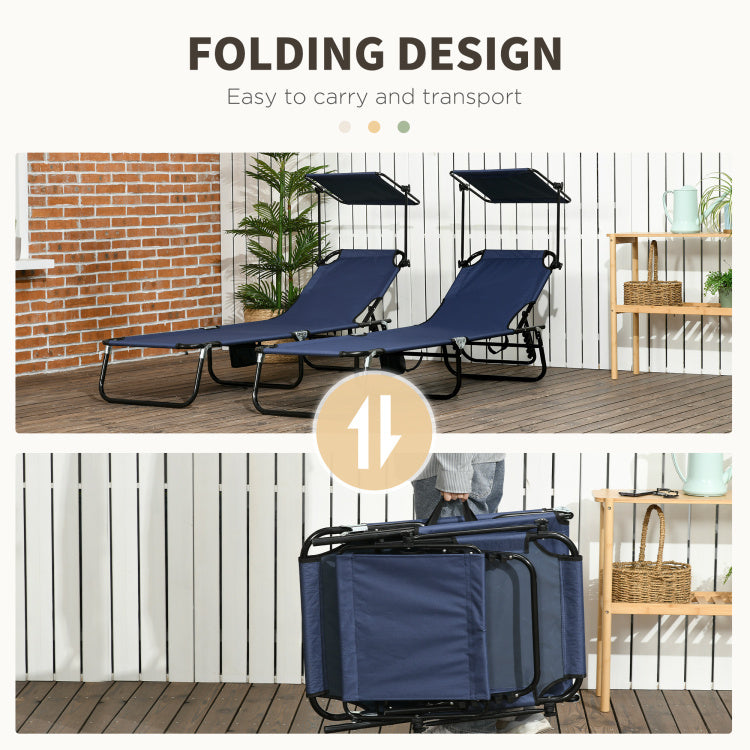 Outsunny Folding Chaise Lounge Pool Chairs, Outdoor Sun Tanning Chairs With Canopy Shade, Reclining Back, Steel Frame And Side Pocket For Beach, Yard, Patio, Dark Blue