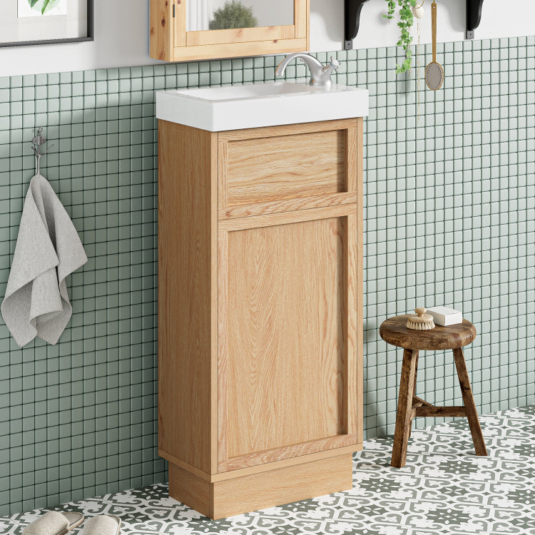 15.75" Bathroom Vanity With Reversible Resin Sink, Mdf Cabinet With Adjustable Shelf And Push To Open Door, Wood Grain Melamine Finish, Reversible Door, Rustic Style For Small Spaces
