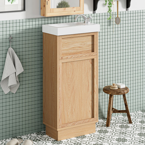 15.75" Bathroom Vanity With Reversible Resin Sink, Mdf Cabinet With Adjustable Shelf And Push To Open Door, Wood Grain Melamine Finish, Reversible Door, Rustic Style For Small Spaces