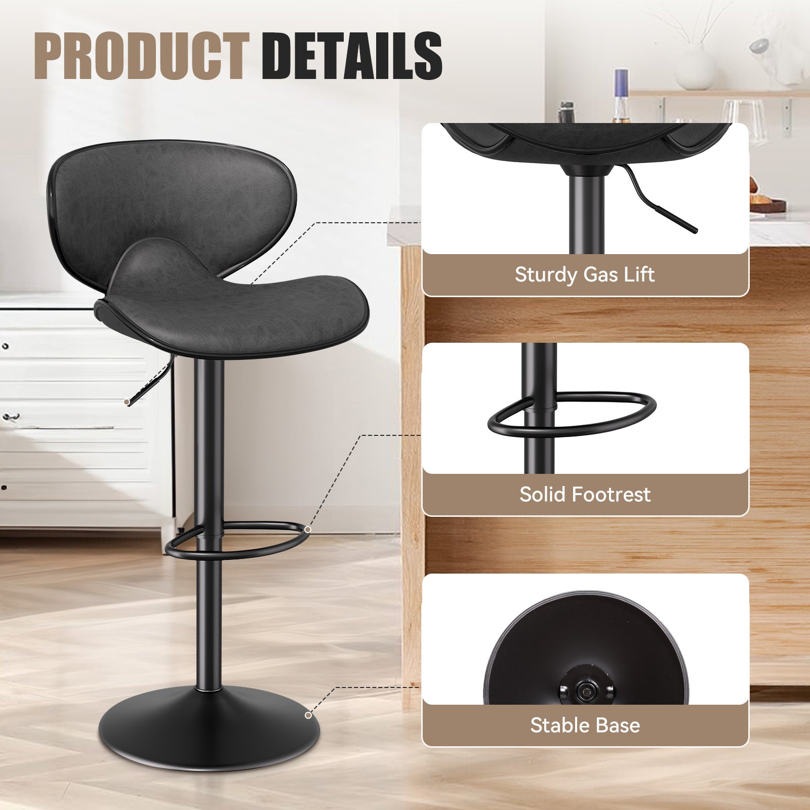 Bar Stools Set Of 2, Faux Leather Bar Stools With Back, Chic Swivel Counter Stools With Footrest, Adjustable Kitchen Stools For Kitchen And Bars, Black