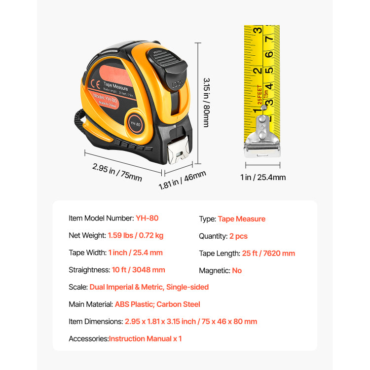 2 Packs Tape Measure 25Ft Retractable Imperial Metric For Outdoor Decoration