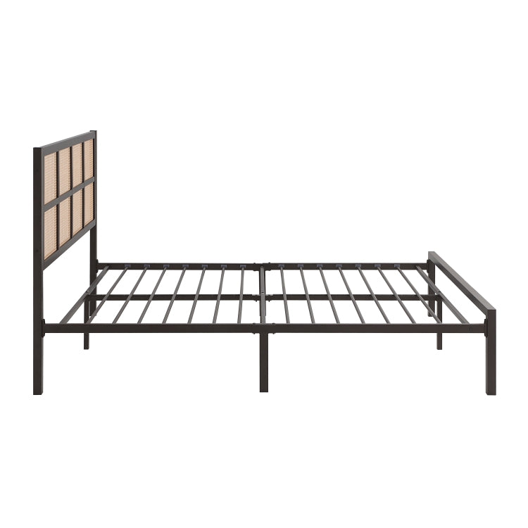 1Pc Queen Platform Bed, Metal Frame Dark Bronze Finish Faux Cane Panel Headboard Casual Coastal Bedroom Furniture, Bed In A Box
