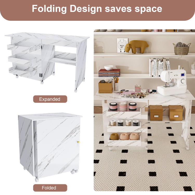 4 In 1 Folding Sewing Table With Lockable Wheels Multi Functional Craft Station, End Table, Computer Desk & Kitchen Storage With Shelves, White Rolling Sewing Machine Table For Apartments