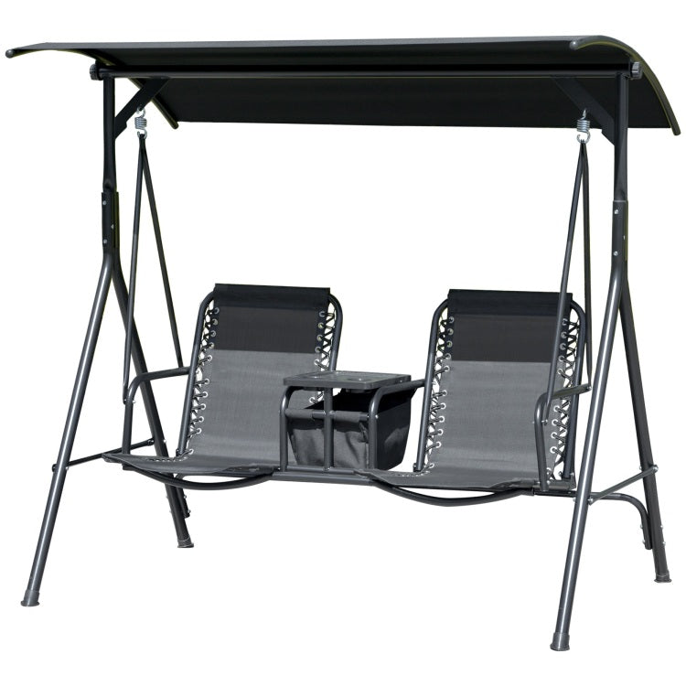 Outsunny 2 Seat Patio Swing Chair, Outdoor Canopy Swing Glider With Pivot Storage Table, Cup Holder, Adjustable Shade, Bungie Seat Suspension And Weather Resistant Steel Frame, Black