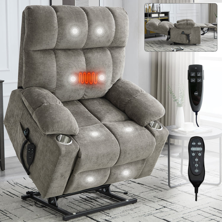 Brown Dual Motor Infinite Position Up To 350 Lbs Chenille Power Lift Recliner Chair, Heavy Duty Motion Mechanism With 8 Point Vibration Massage And Lumbar Heating, Dual Cup Holders