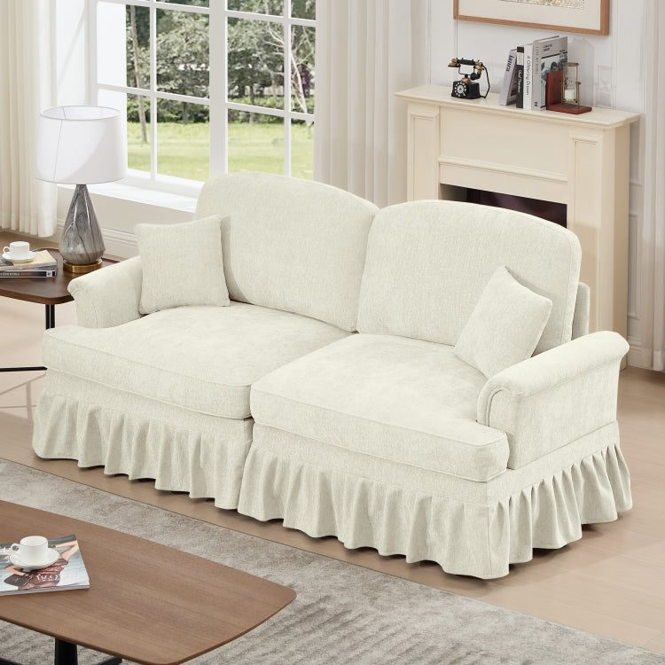 Elegant Mid Century Oversized Large Two Seater Sofa Couch With Flared Arms And Removable Ruffles Pleats Skirts And Spindle Legs, Comfy Chenille Two Seat Love Seat Sofa For Living Room, Beige White