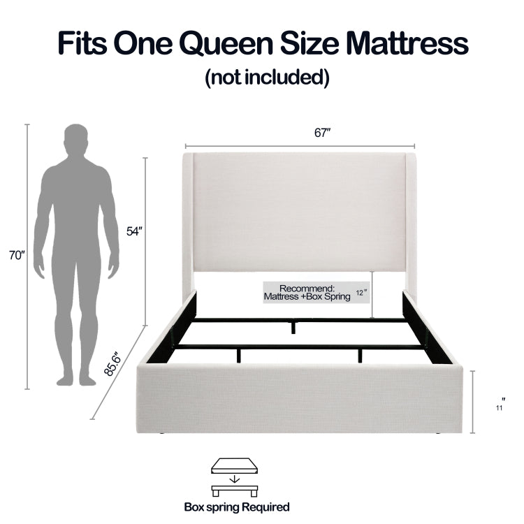 Caron Upholstered Wingback Bed 54" High Headboard Simplicity Minimalist Without Wooden Slats Box Spring Request Easy Assembly Queen Textured Ivory Canvas Chenille
