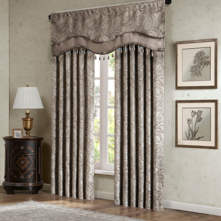 Jacquard Window Rod Pocket Valance With Beads Blue Brown 50X18"
