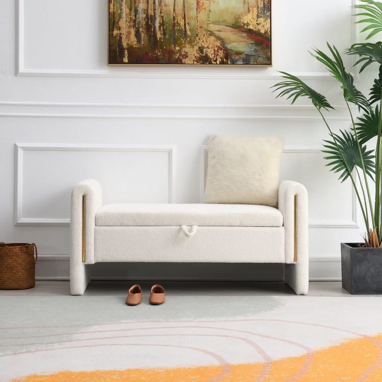 Modern Teddy Bed End Bench With Arms And Storage,Upholstered Large Foot Rest Stool, Comfy Window Vanity Bench For Living Room,Bedroom,Dorm,Coffee Table,Teddy Cream