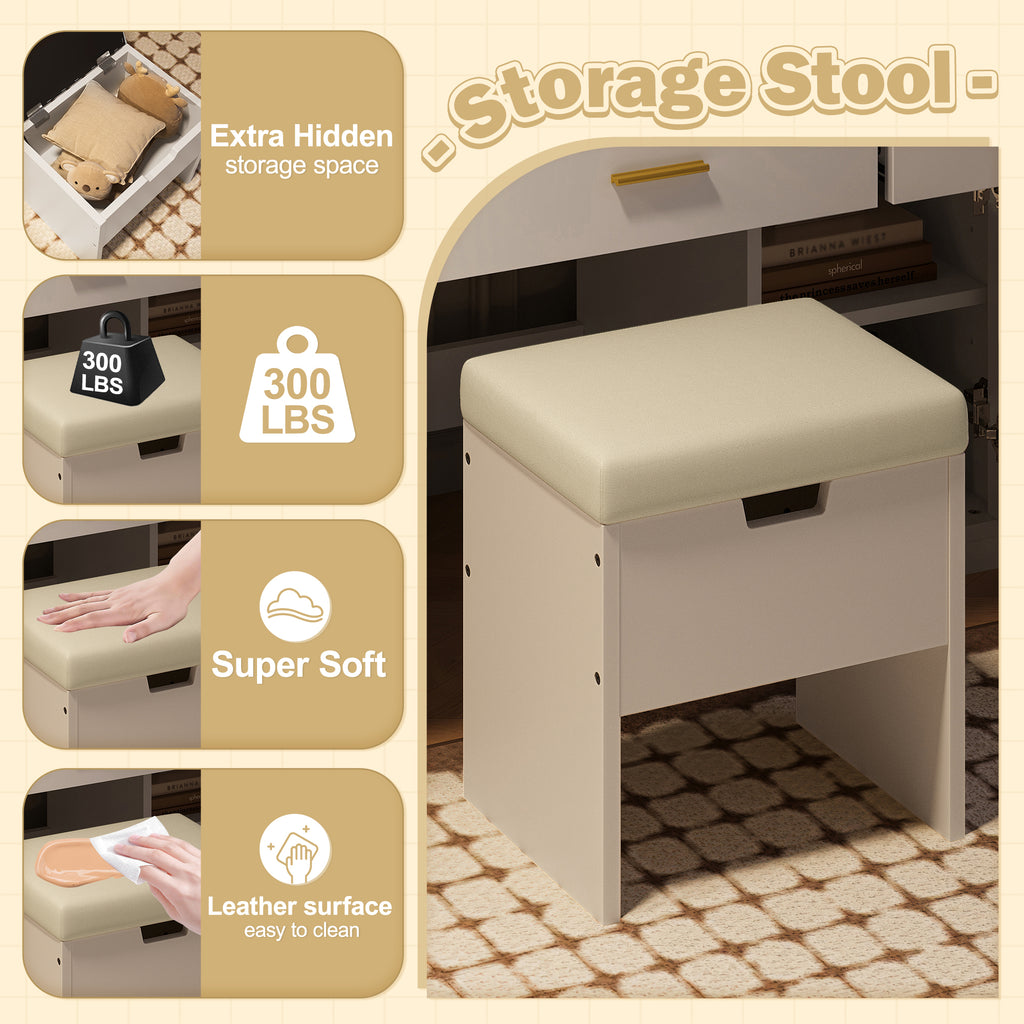 47.2" Makeup Vanity With Mirror And Light, Vanity Desk With Cushioned Storage Stool, Dressing Table With Two Organizers,3 Drawers And 2 Cabinets For Bedroom, White