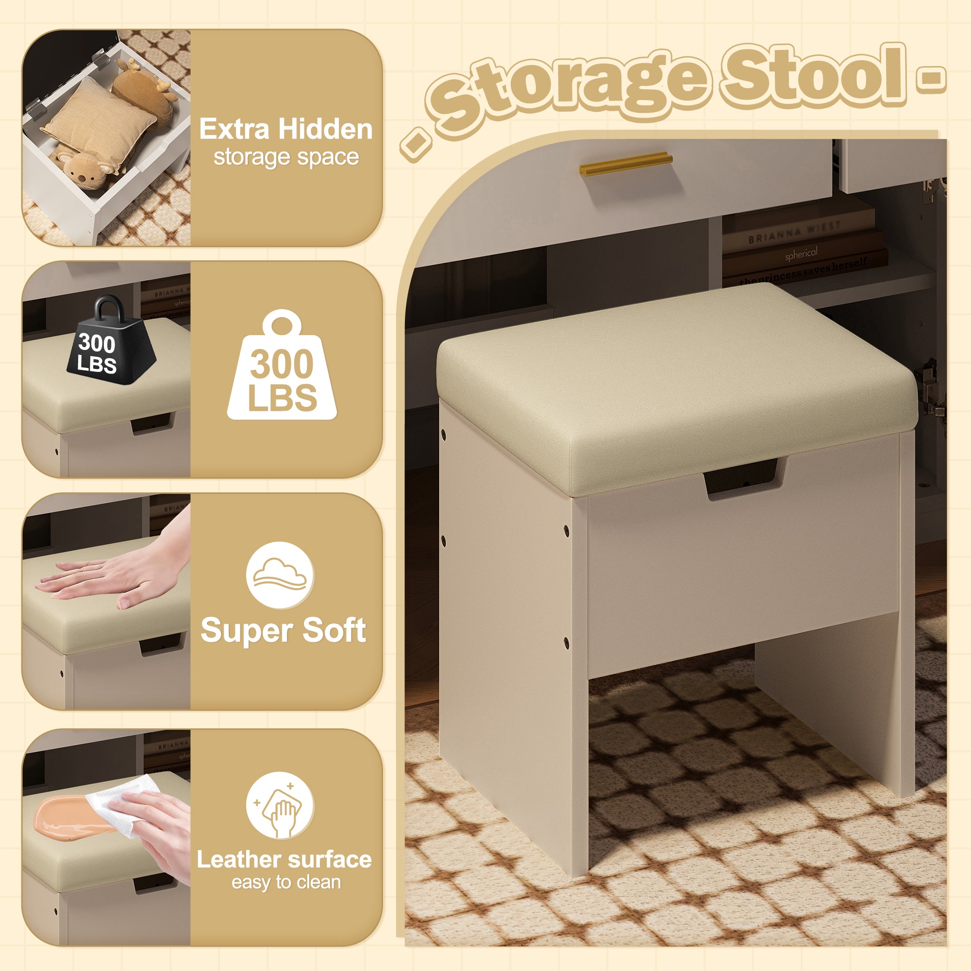 47.2" Makeup Vanity With Mirror And Light, Vanity Desk With Cushioned Storage Stool, Dressing Table With Two Organizers,3 Drawers And 2 Cabinets For Bedroom, White