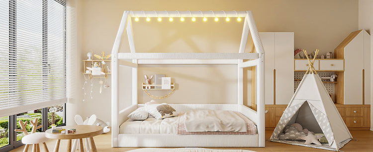 Full Size Upholstered House Daybed With Led Light Strips,Beige