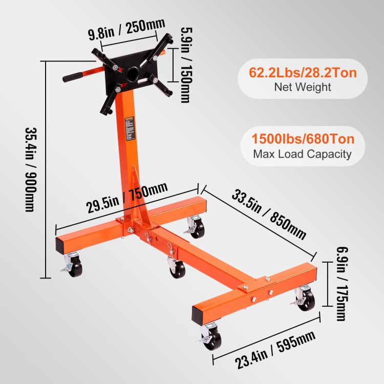Engine Stand, 1500 Lbs 3 4 Ton Rotating Engine Motor Stand With 360 Degree Adjustable Head, Cast Iron Folding Motor Hoist Dolly, 5 Caster, 4 Adjustable Arms, For Vehicle Maintenance