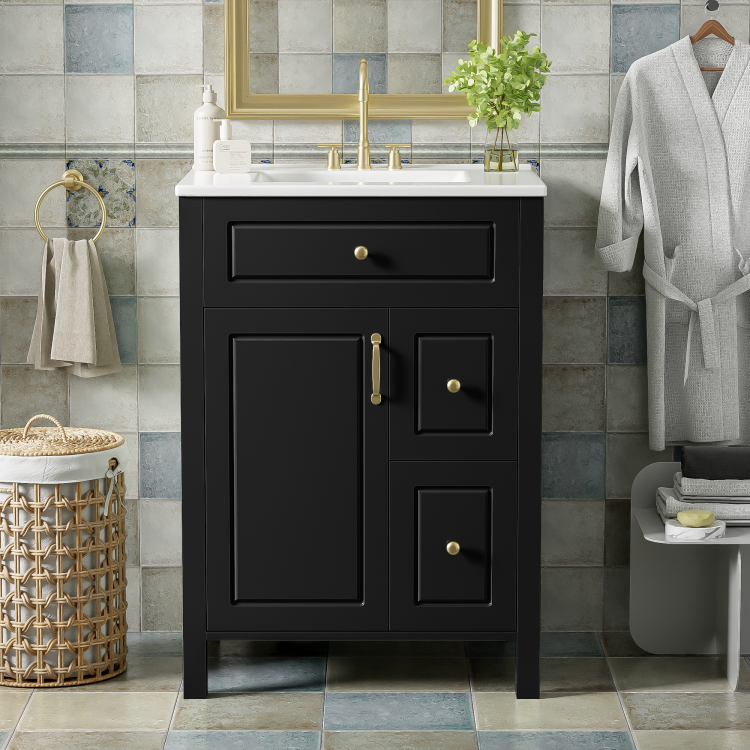 24 Inch Bathroom Vanity With Ceramic Sink, 1 Soft Close Door, 2 Soft Close Drawers, And Double Storage Racks On The Door