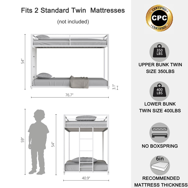 Same As B083P160613 Adam Sturdy Twin Over Twin Bunk Bed Metal White For Kids And Adult, Low Profile And Easy Climbing With Stable Ladder