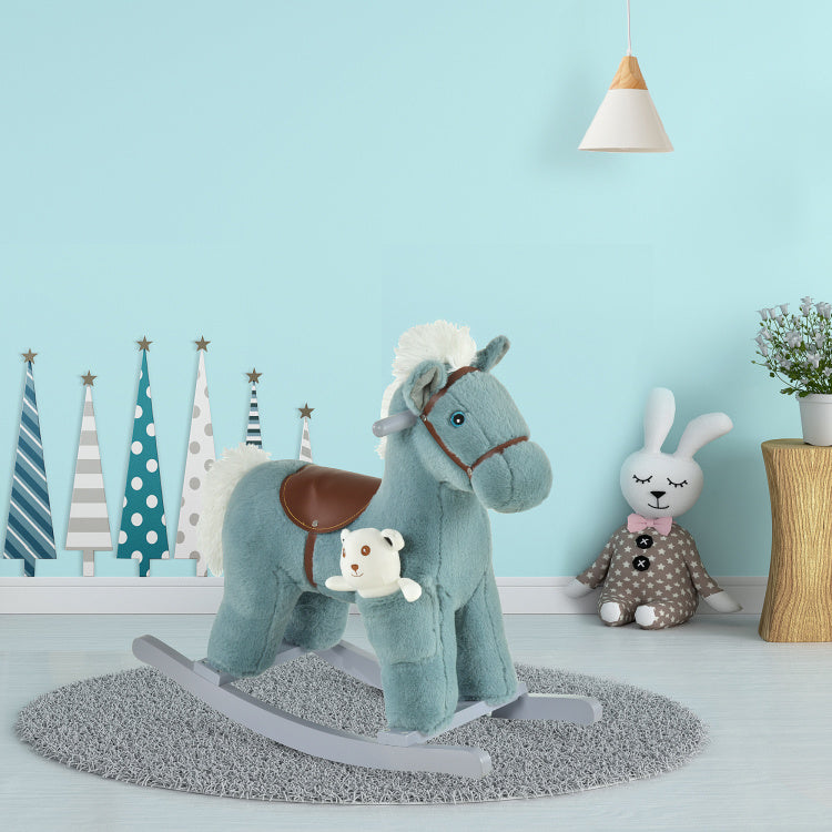 Qaba Kids Plush Ride On Rocking Horse With Bear Toy, Children Chair With Soft Plush Toy & Fun Realistic Sounds, Blue