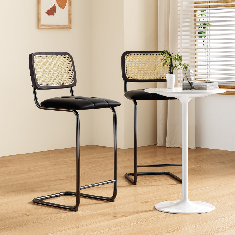 Counter Height Bar Stools Set Of 2, Upholstered Pu Leather Barstools With Rattan Back, 30 Inch Stools Armless Bar Chairs For Kitchen Island, Black