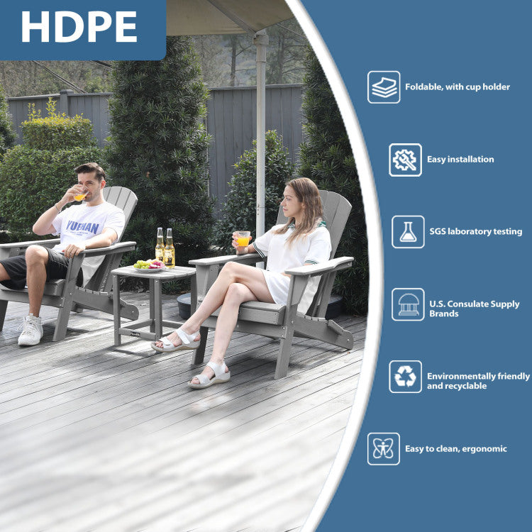 Hdpe Folding Adirondack Chair Wood Texture, Patio Adirondack Chair Weather Resistant, Plastic Fire Pit Chair With Cup Holder, Lawn Chair For Outdoor Porch Garden Backyard Deck