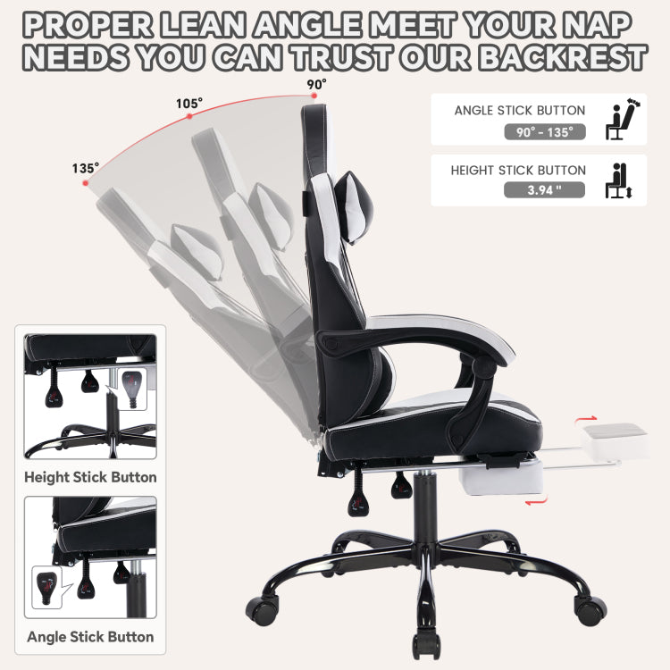 Gaming Chair With Footrest, High Back Gaming Chairs Pvc Leather Ergonomic Office Gamer Chair Headrest Lumbar Support Racing Style Video Gaming Chair Black White