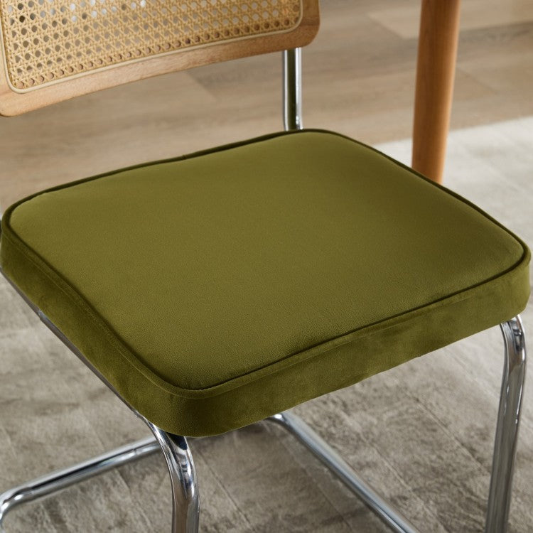 Mid Century Modern Dining Chairs Set Of 2, Velvet Accent Chairs With Natural Cane Back & Stainless Chrome Base, Famous Breuer Designed Chairs, Upholstered Rattan Kitchen Chairs,Olive Green