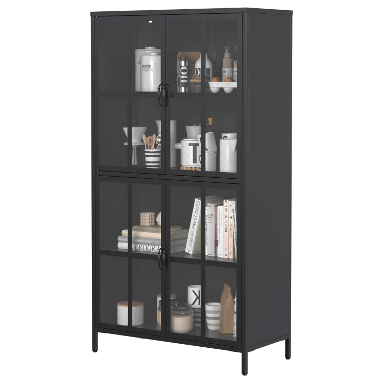 Premium Black Metal Storage Cabinet With Tempered Glass Doors, Adjustable Shelves, Anti Tipping Device, Magnetic Silent Closure, And Adjustable Feet For Home And Office Use