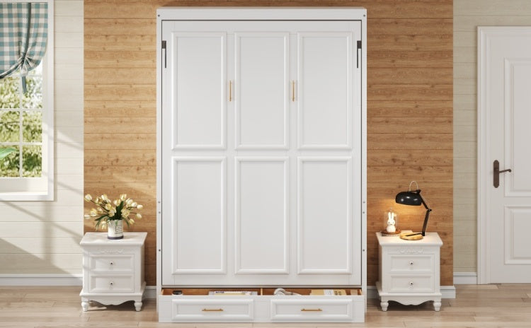 Full Size Murphy Bed With 2 Drawers, Beige