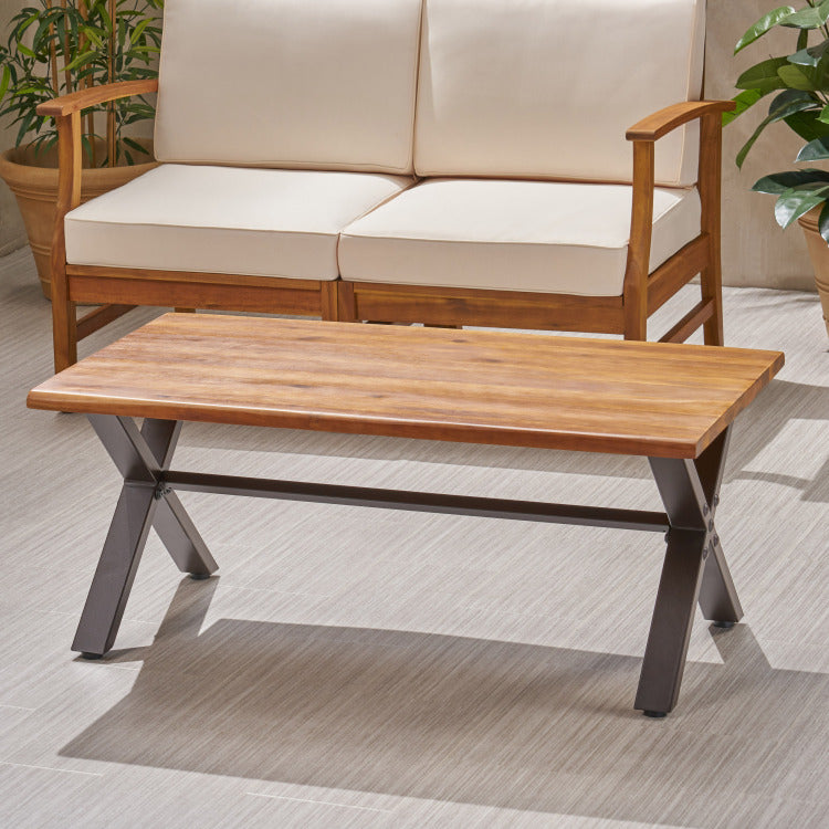 Outdoor Acacia Wood Coffee Table, Teak Finish Rustic Metal,Black And Brown, 18'' H X 27.25'' W X 43.25'' L