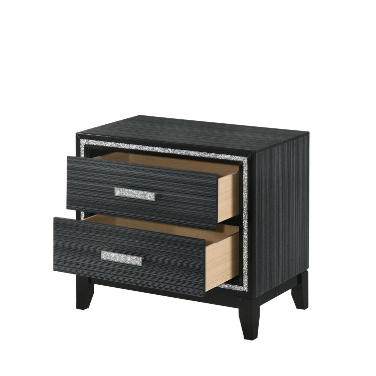 Contemporary Bedroom Furniture Black Finish Nightstand With Two Drawers Wooden 1Pc Shimmering Silver Trim Accent