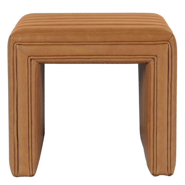 Ada Footstool Ottoman, Channel Tuft Caramel Brown Faux Leather 19 Inch