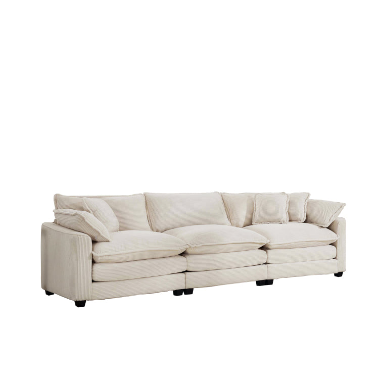 Mid Century Modern Sofa 3 Seater Sectional Sofa With 2 Arm Pillows And 3 Throw Pillows, Light Beige Corduroy Fabric