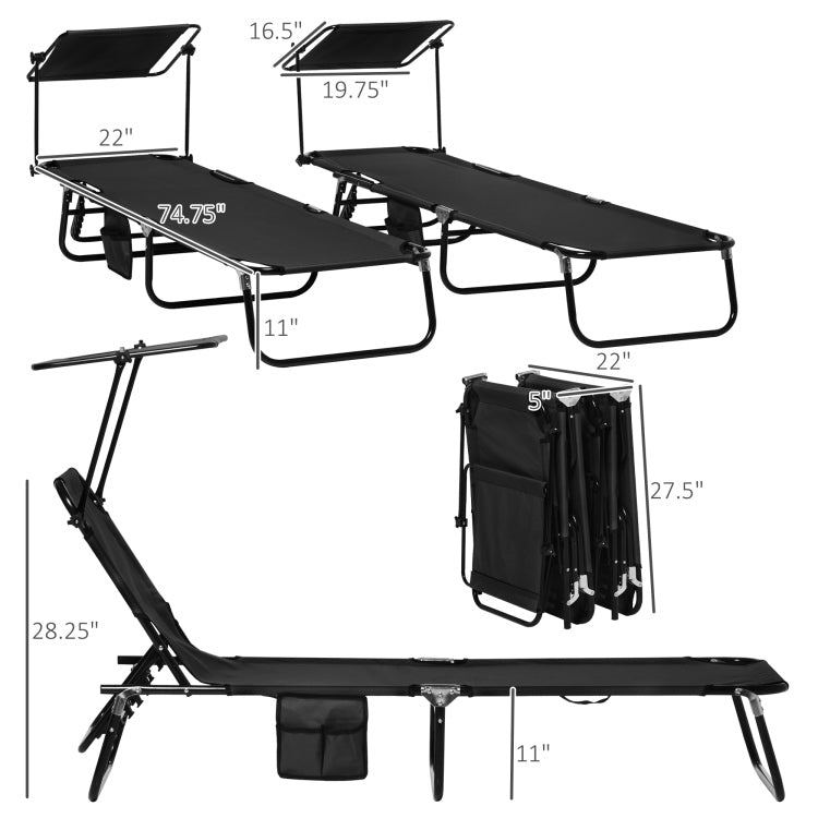Outsunny Folding Chaise Lounge Pool Chairs, Outdoor Sun Tanning Chairs With Canopy Shade, Reclining Back, Steel Frame And Side Pocket For Beach, Yard, Patio, Black
