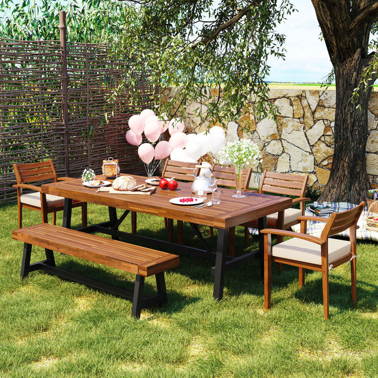 Outdoor Wood Dining Set For 7 8 Person, Outdoor Dining Furniture With Removable Cushions, Ernomic Chairs And Bench, Thicker Table, Nature