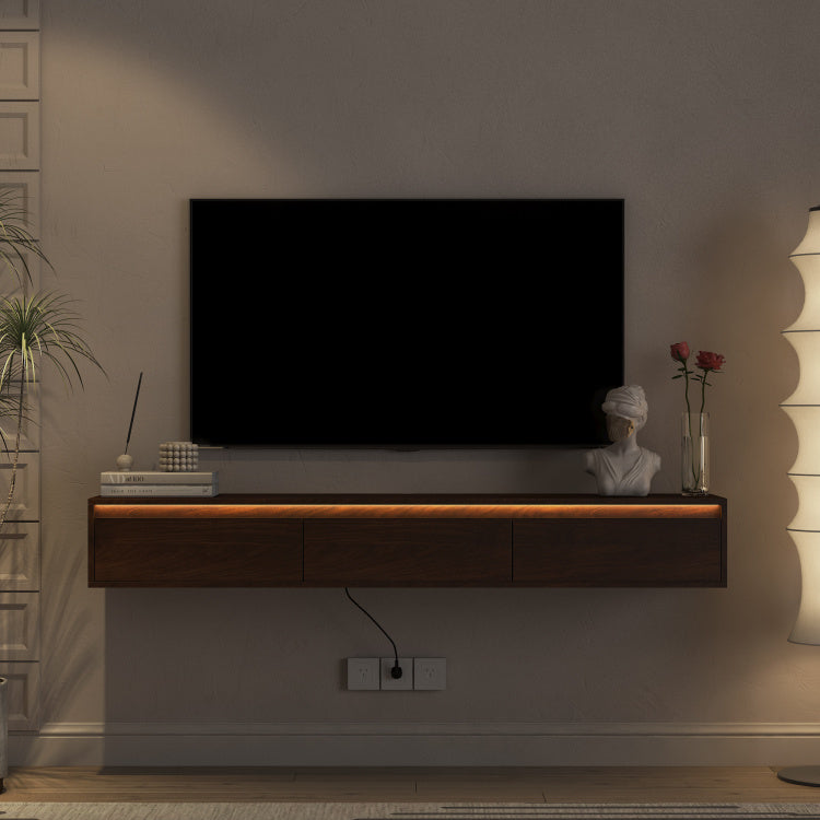 Floating Tv Stand, Wall Mounted Tv Shelf With Led Lights & Power Outlet,Cabinet For Wood Tv Stands For Living Room