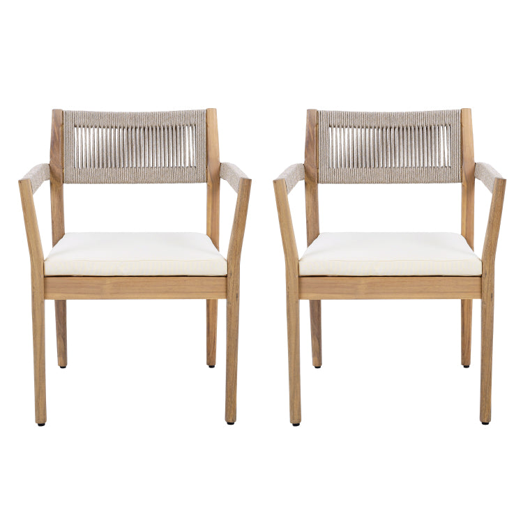 Braided Acacia Wood Outdoor Dining Chairs Set Of 2 Teak Look With Beige Rope & Cream Cushions, Armrests All Weather Patio Furniture For Garden, Poolside, And Backyard Durable & Stylish
