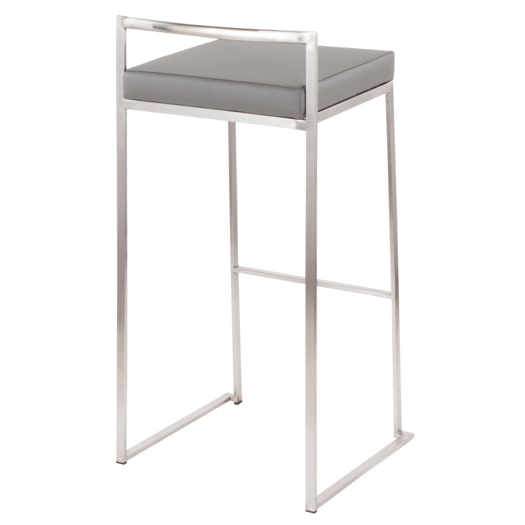30" Contemporary Stackable Barstool In Stainless Steel With Grey Faux Leather Cushion Set Of 3