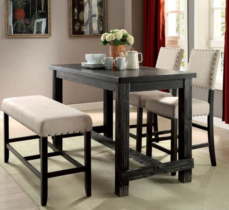 Antique Black Bold Distressed 1Pc Counter Height Dining Table Dining Room Furniture Center Beam For Support Footret