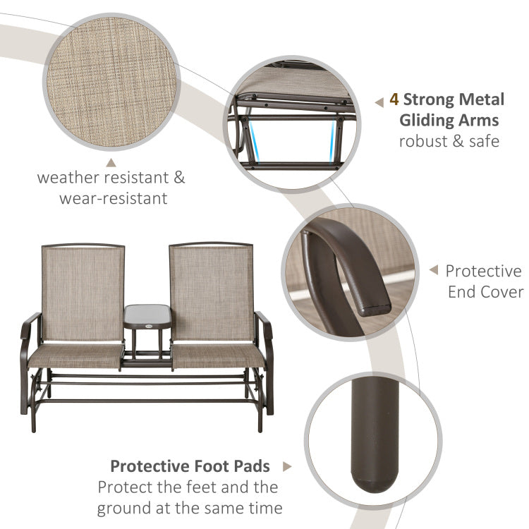 Outsunny Outdoor Glider Bench With Center Table, Metal Frame Patio Loveseat With Mesh Fabric And Armrests For Backyard Garden Porch, Brown