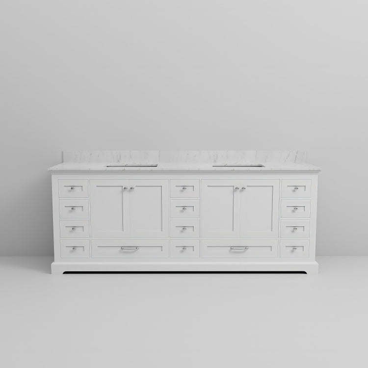 White Double Bath Vanity 84 In. W X 22 In. D, With Carrara Marble Top