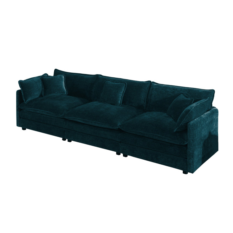 Mid Century Modern Couch 3 Seater Sofa With 2 Armrest Pillows And 3 Toss Pillows, Couch For Living Room Blue Chenille