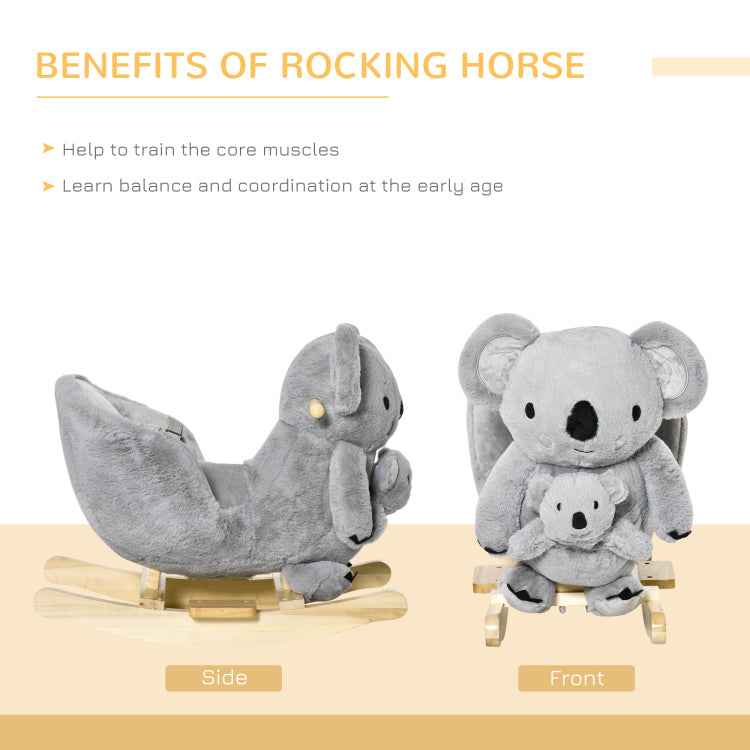 Qaba Kids Ride On Rocking Horse, Koala Shaped Rocker With Realistic Sounds For Children 18 36 Months, Gray
