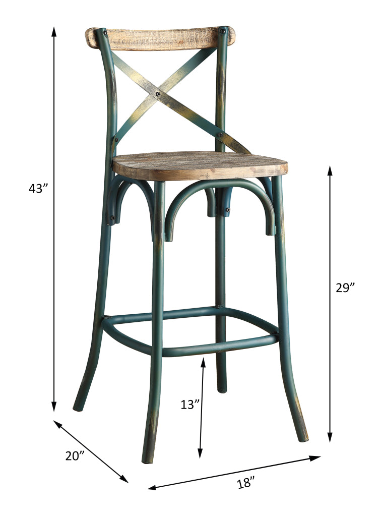 Antique Turquoise Finish Metal Frame Vintage Style Bar Chair 1Pc Wooden Seat Dining Furniture