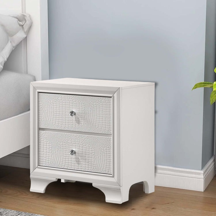 Nightstand With Textured Pattern And 2 Drawers, White